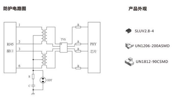 百兆以太網(wǎng)防護方案一防護電路圖